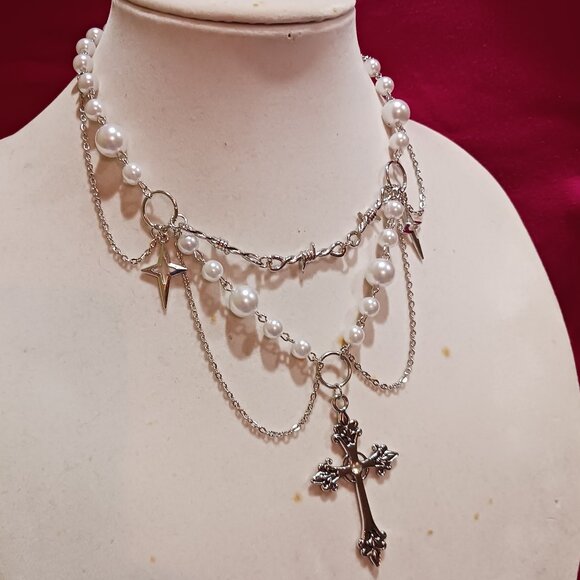 Gothic Punk Cosmic Cross Rosary Layered Choker Silver and White Necklace - Picture 8 of 14